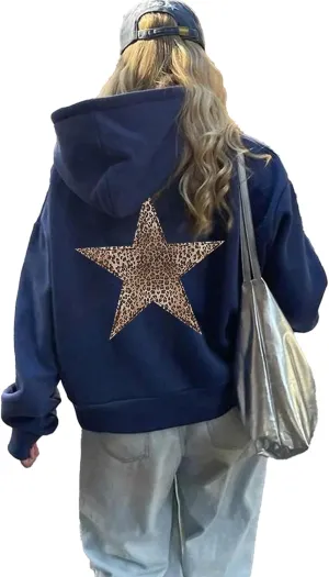 QYZ-Top Womens Cheetah Leopard Star Hoodie Graphic Print Fleece Y2k Oversized Hooded Sweatshirt