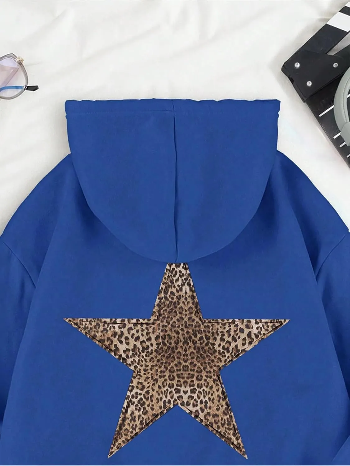 QYZ-Top Womens Cheetah Leopard Star Hoodie Graphic Print Fleece Y2k Oversized Hooded Sweatshirt