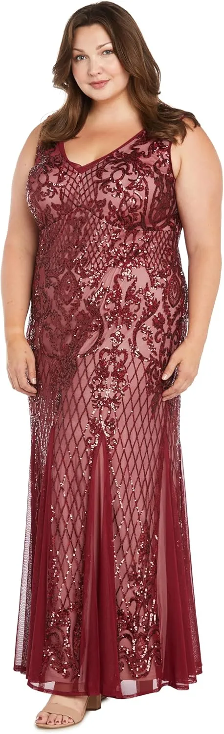 R&M Richards Beaded V-Neck Long Gown W/Mesh Contrast Insets & Sequin Embellishments