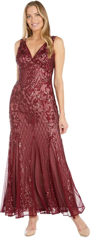 R&M Richards Beaded V-Neck Long Gown W/Mesh Contrast Insets & Sequin Embellishments