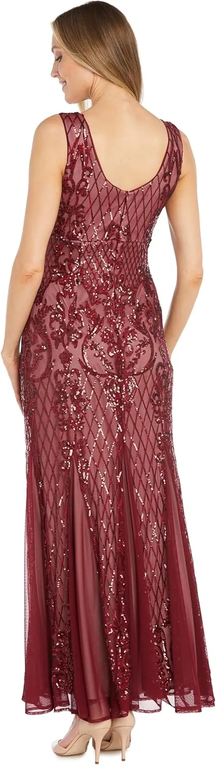 R&M Richards Beaded V-Neck Long Gown W/Mesh Contrast Insets & Sequin Embellishments