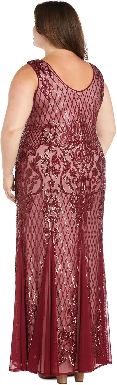 R&M Richards Beaded V-Neck Long Gown W/Mesh Contrast Insets & Sequin Embellishments