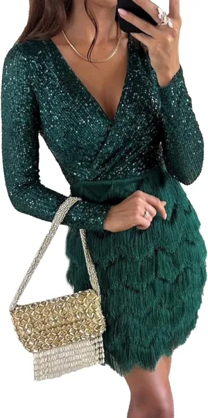 SEMATOMALA Women's Wrap V Neck Long Sleeve Pencil Mini Dress Sequin Top Fringe Skirt Flapper Cocktail Short Dress