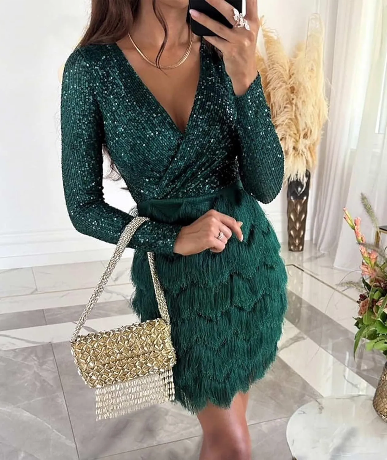 SEMATOMALA Women's Wrap V Neck Long Sleeve Pencil Mini Dress Sequin Top Fringe Skirt Flapper Cocktail Short Dress