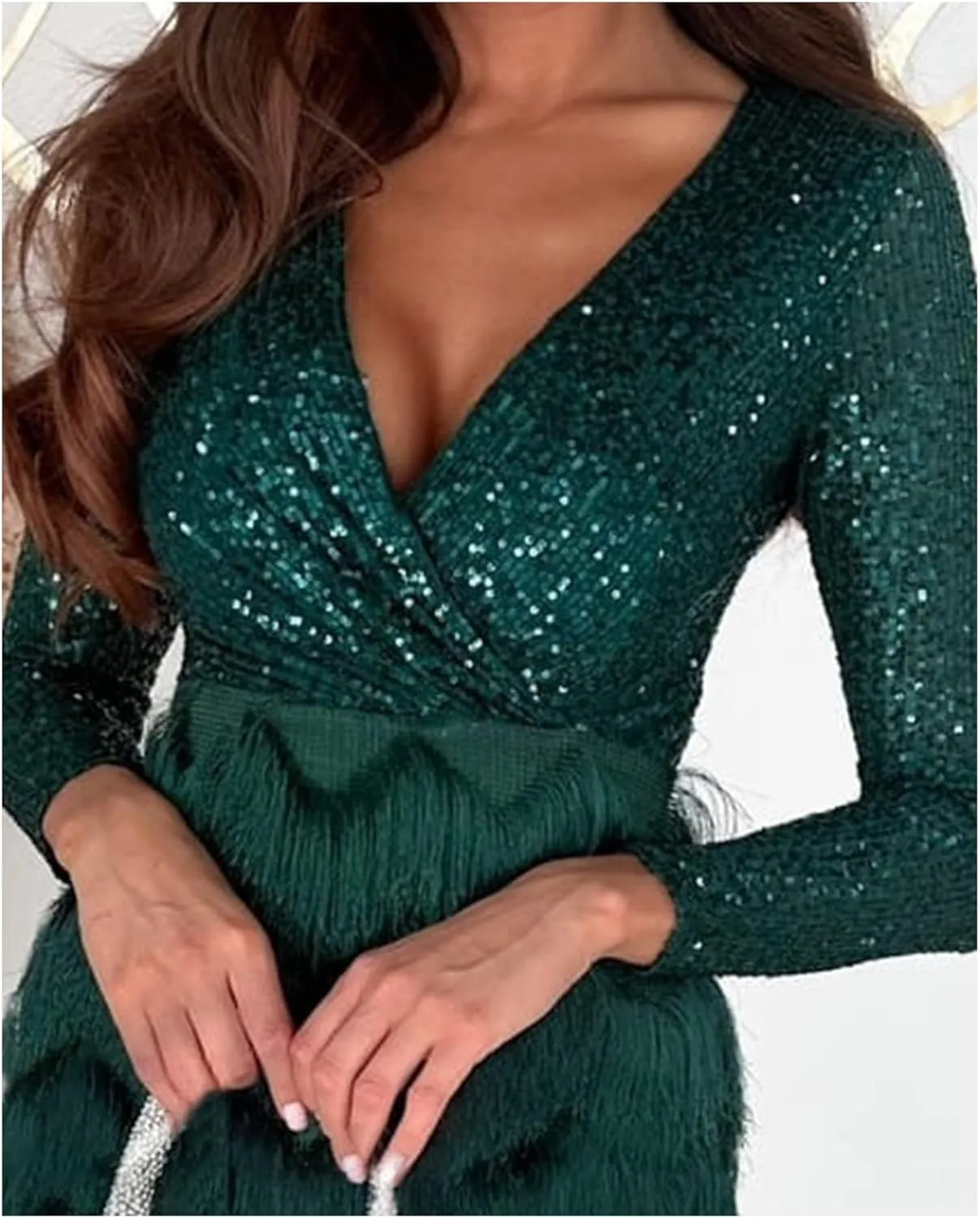 SEMATOMALA Women's Wrap V Neck Long Sleeve Pencil Mini Dress Sequin Top Fringe Skirt Flapper Cocktail Short Dress