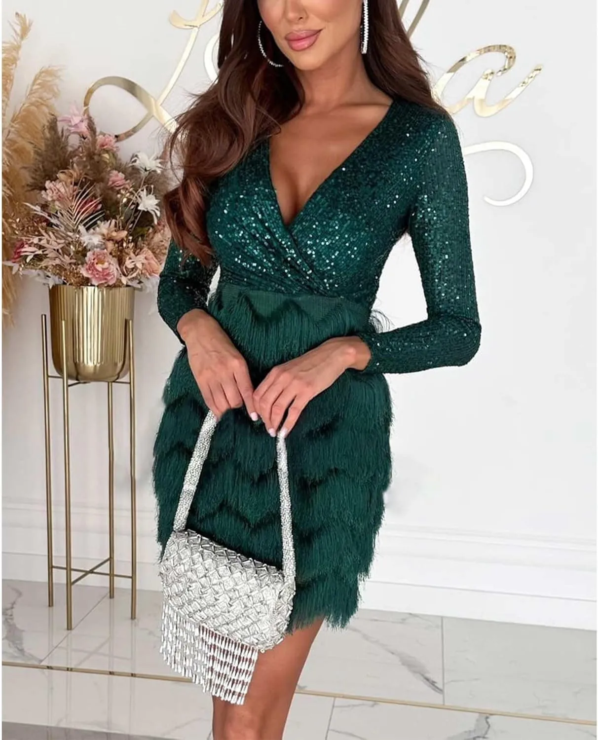 SEMATOMALA Women's Wrap V Neck Long Sleeve Pencil Mini Dress Sequin Top Fringe Skirt Flapper Cocktail Short Dress