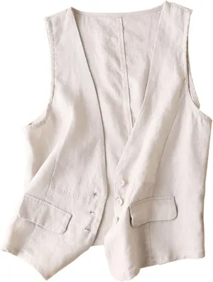 Shiyifa Women's Sleeveless Cotton Linen Vest Button Down V Neck Waistcoat Jacket