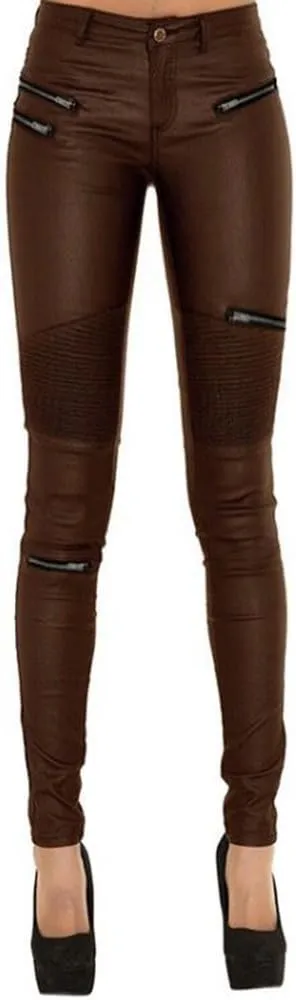 SHOWADAY Women's Sexy Stretchy PU Leather Slim Fit Rider Pants Skinny Leggings