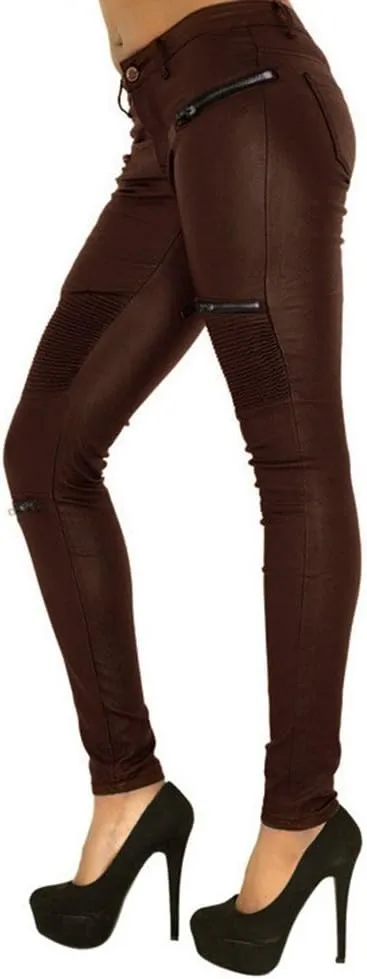 SHOWADAY Women's Sexy Stretchy PU Leather Slim Fit Rider Pants Skinny Leggings