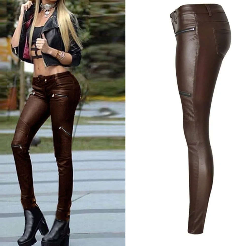 SHOWADAY Women's Sexy Stretchy PU Leather Slim Fit Rider Pants Skinny Leggings
