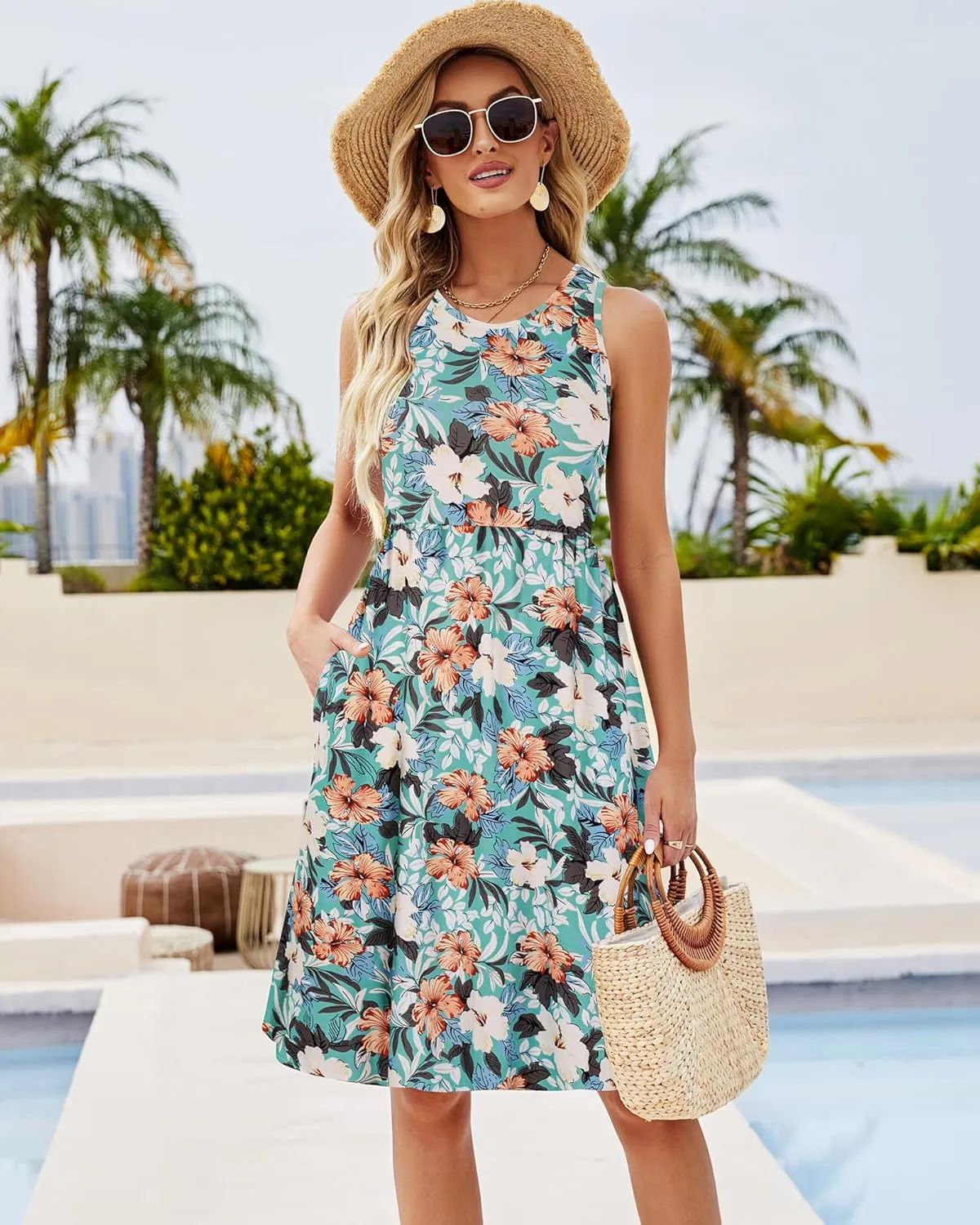 SimpleFun Womens Summer Sundresses Floral Sleeveless Beach Cover Up Tank Dress with Pockets