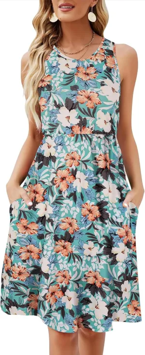 SimpleFun Womens Summer Sundresses Floral Sleeveless Beach Cover Up Tank Dress with Pockets
