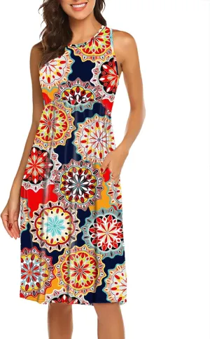 SimpleFun Womens Summer Sundresses Floral Sleeveless Beach Cover Up Tank Dress with Pockets