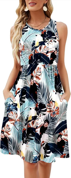 SimpleFun Womens Summer Sundresses Floral Sleeveless Beach Cover Up Tank Dress with Pockets
