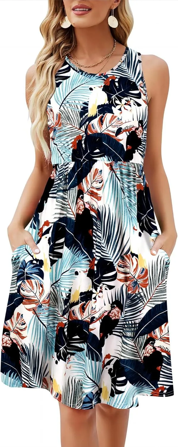SimpleFun Womens Summer Sundresses Floral Sleeveless Beach Cover Up Tank Dress with Pockets