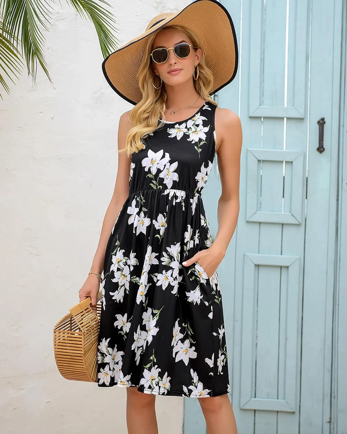 SimpleFun Womens Summer Sundresses Floral Sleeveless Beach Cover Up Tank Dress with Pockets