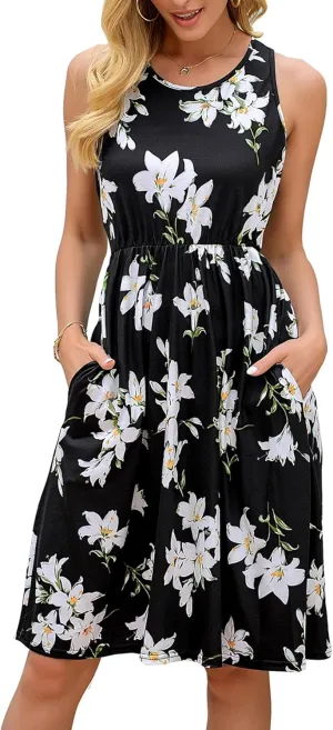 SimpleFun Womens Summer Sundresses Floral Sleeveless Beach Cover Up Tank Dress with Pockets