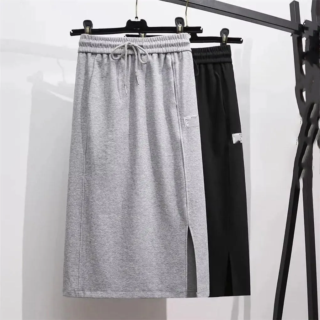 Spring Autumn Midi Skirts Casual Solid Color Ladies Skirts Thin Elastic Waist Lacing Drawstring Women's Skirts