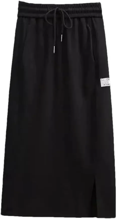 Spring Autumn Midi Skirts Casual Solid Color Ladies Skirts Thin Elastic Waist Lacing Drawstring Women's Skirts