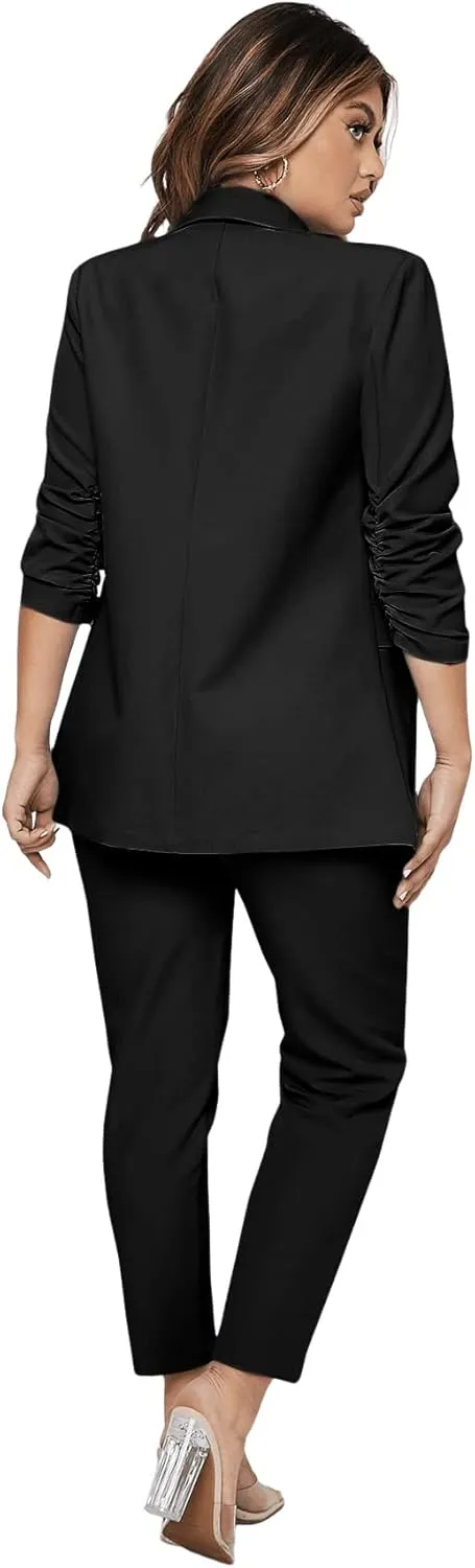 SweatyRocks Women's 2 Piece Solid Ruched Sleeve Blazer and Pants Business Office Suit Set