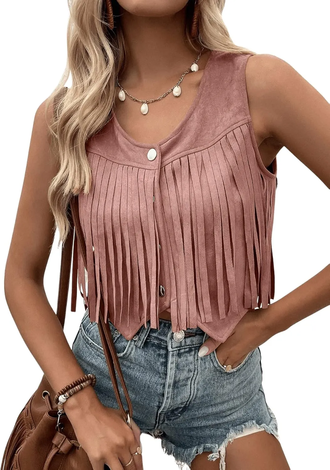 SweatyRocks Women's Suede Fringe Trim Sleeveless Crop Vest Jacket Button Front Coat