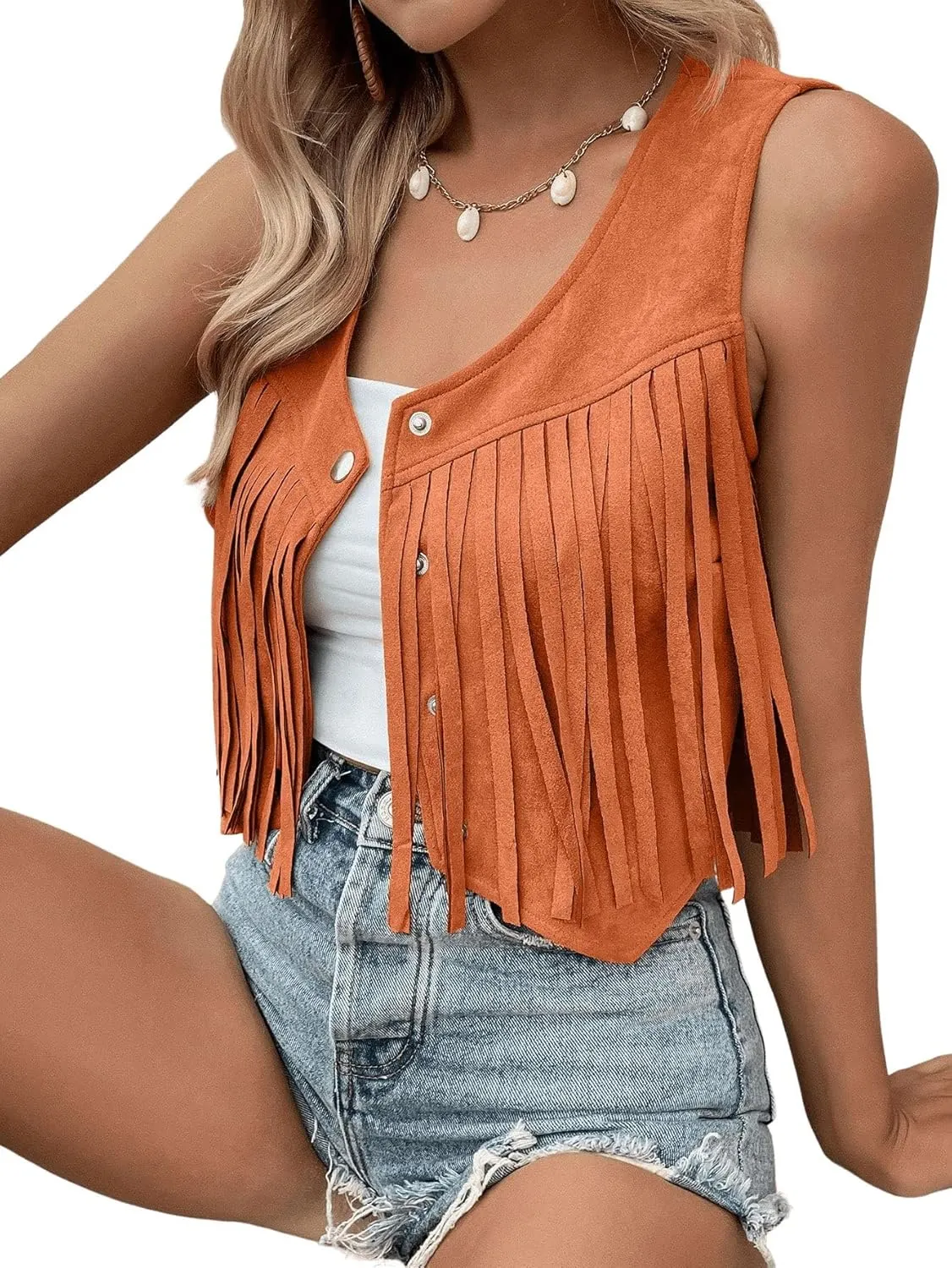 SweatyRocks Women's Suede Fringe Trim Sleeveless Crop Vest Jacket Button Front Coat