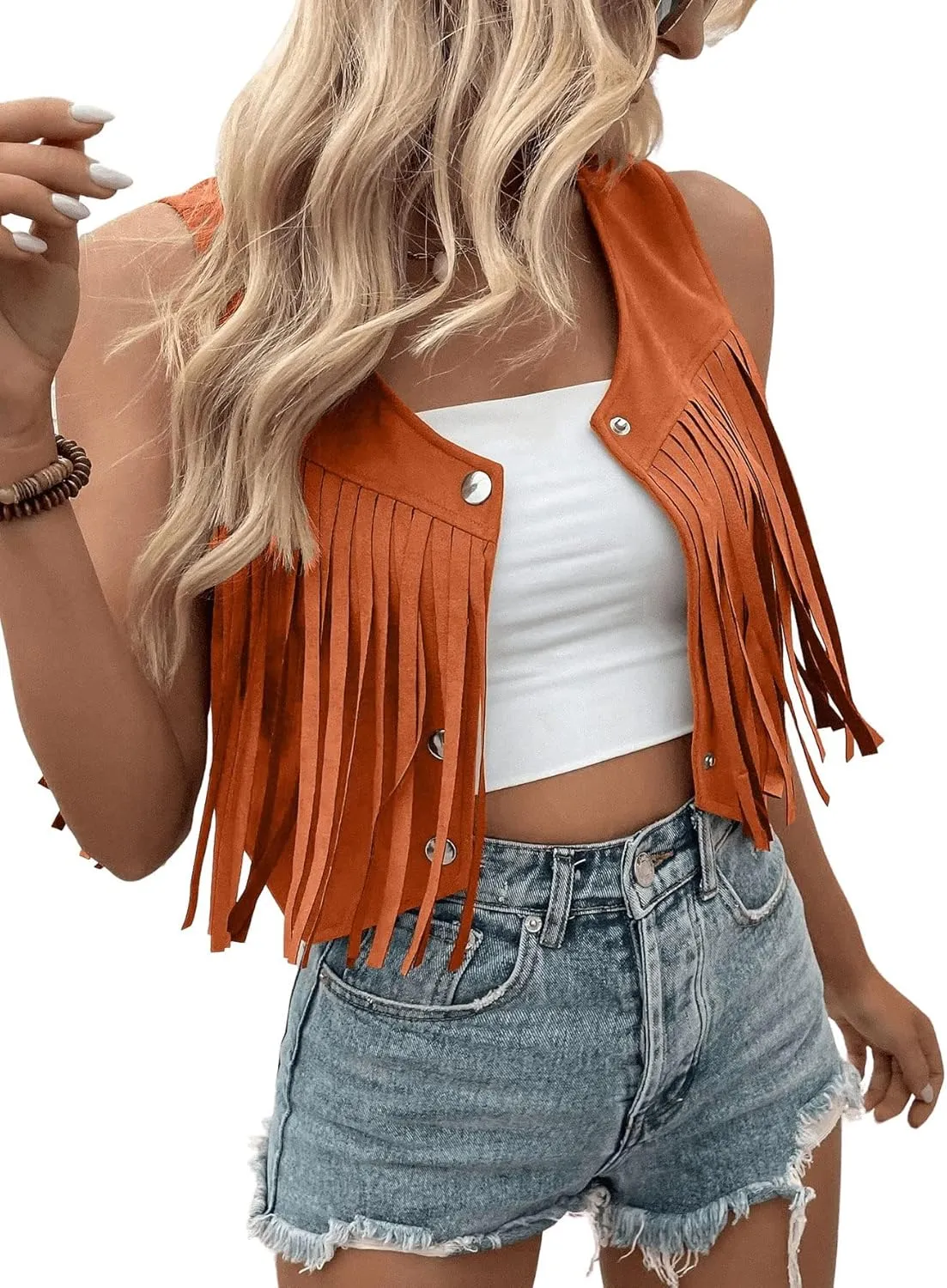 SweatyRocks Women's Suede Fringe Trim Sleeveless Crop Vest Jacket Button Front Coat