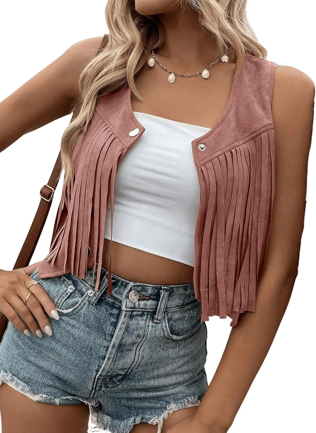 SweatyRocks Women's Suede Fringe Trim Sleeveless Crop Vest Jacket Button Front Coat