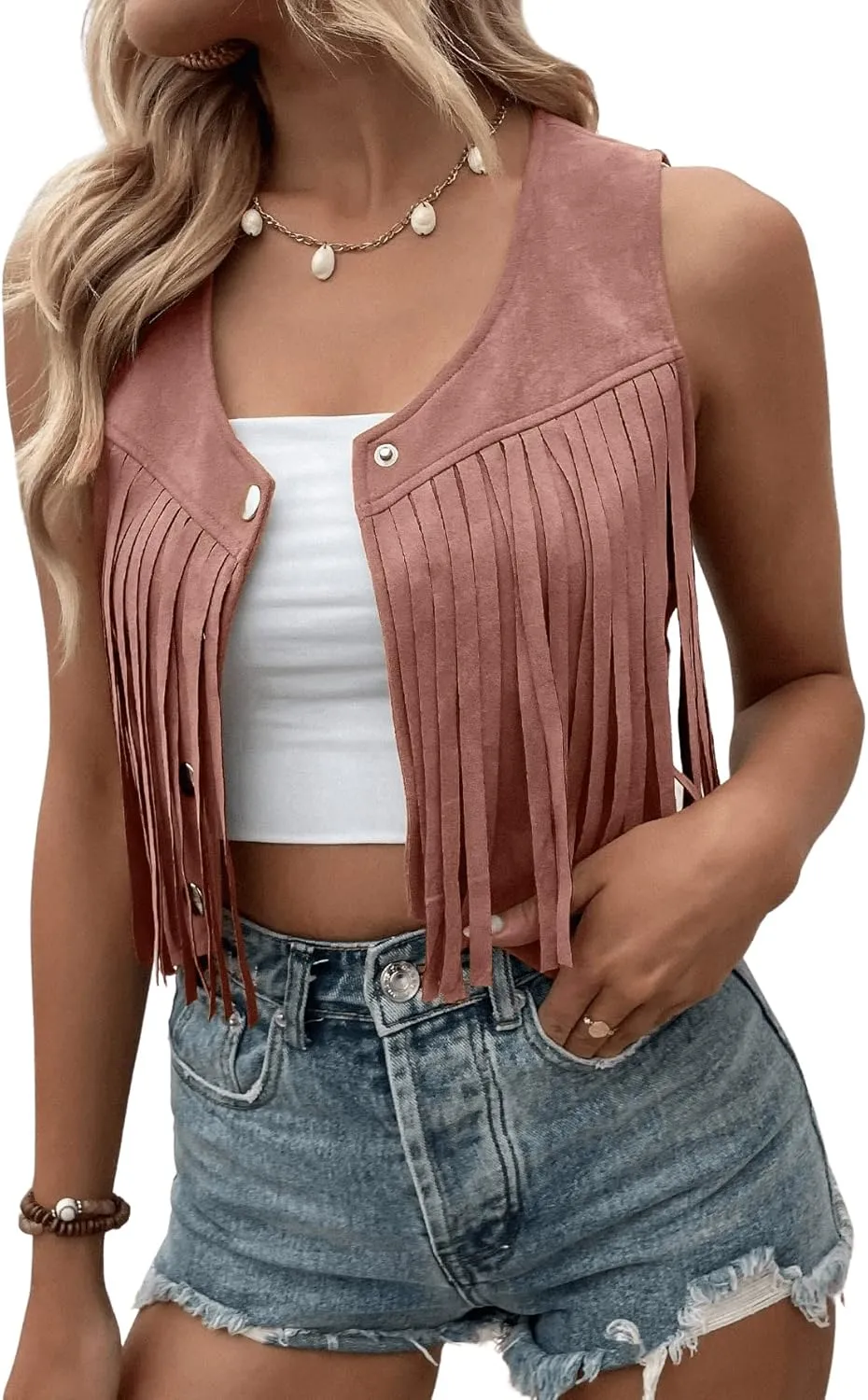 SweatyRocks Women's Suede Fringe Trim Sleeveless Crop Vest Jacket Button Front Coat