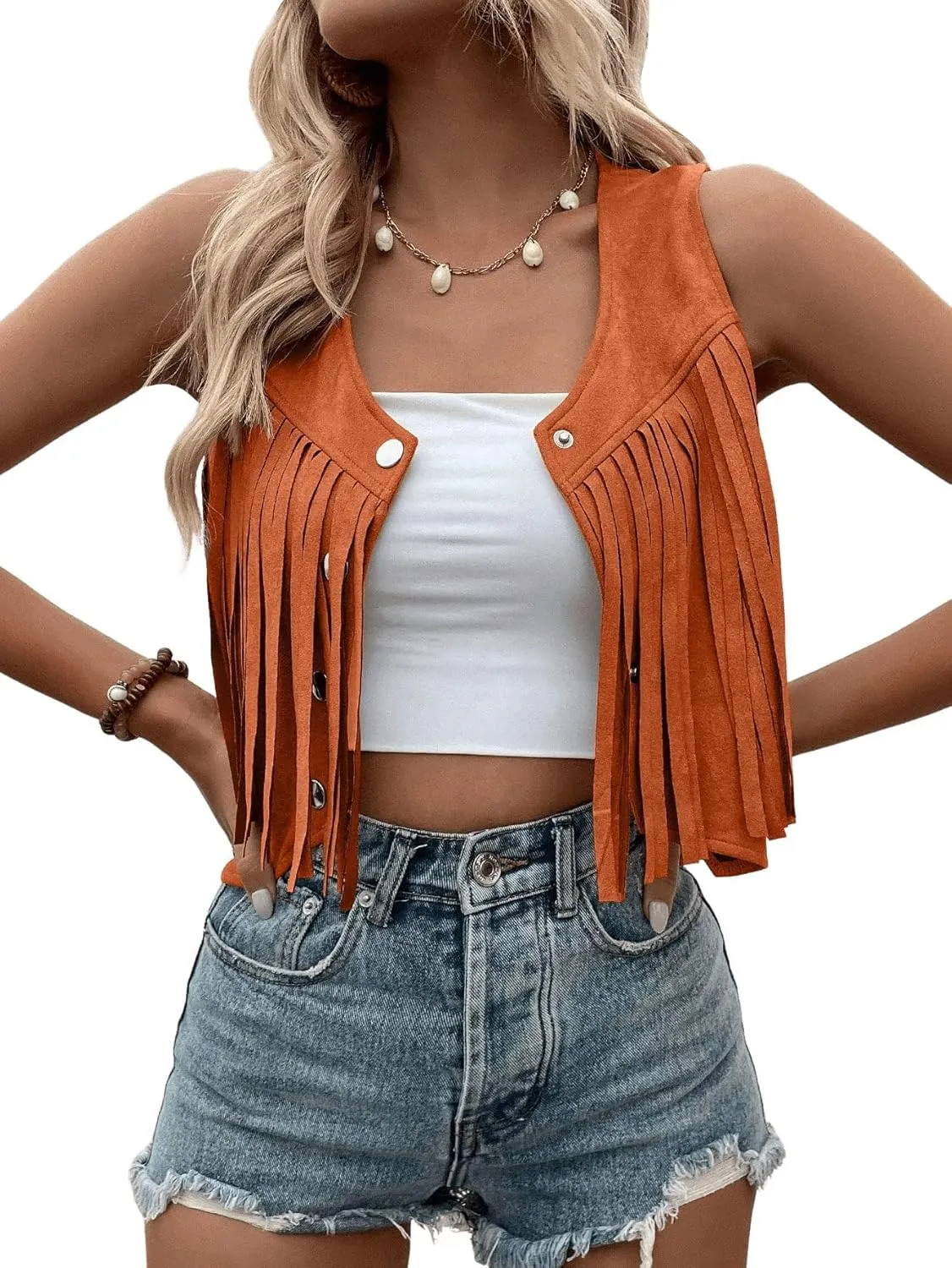 SweatyRocks Women's Suede Fringe Trim Sleeveless Crop Vest Jacket Button Front Coat