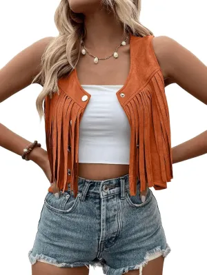 SweatyRocks Women's Suede Fringe Trim Sleeveless Crop Vest Jacket Button Front Coat