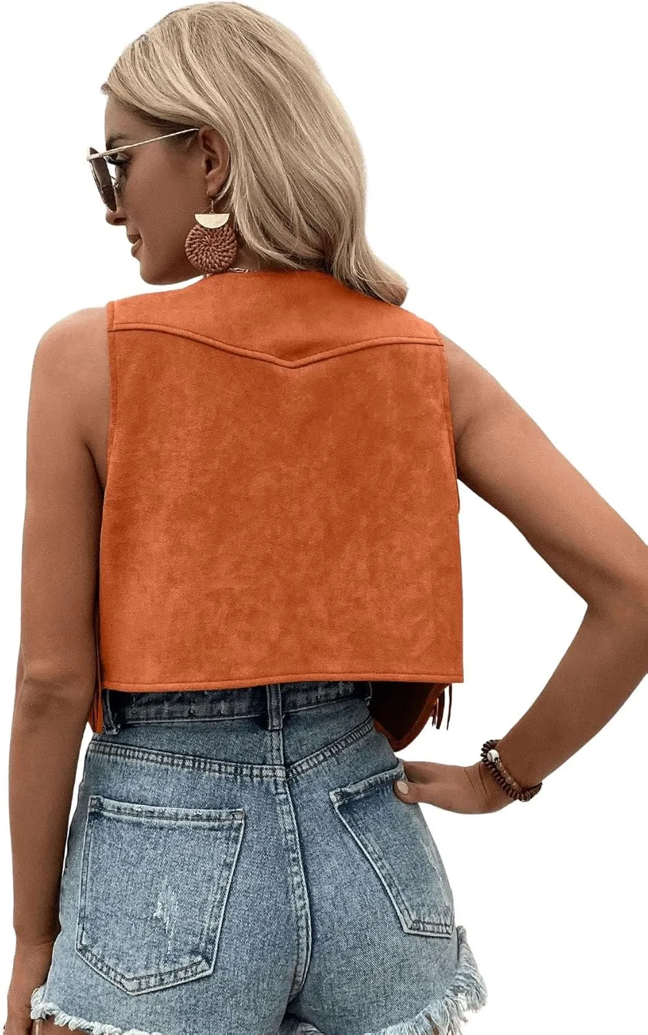 SweatyRocks Women's Suede Fringe Trim Sleeveless Crop Vest Jacket Button Front Coat