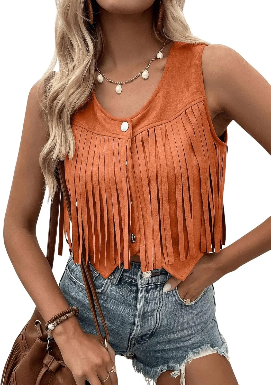 SweatyRocks Women's Suede Fringe Trim Sleeveless Crop Vest Jacket Button Front Coat