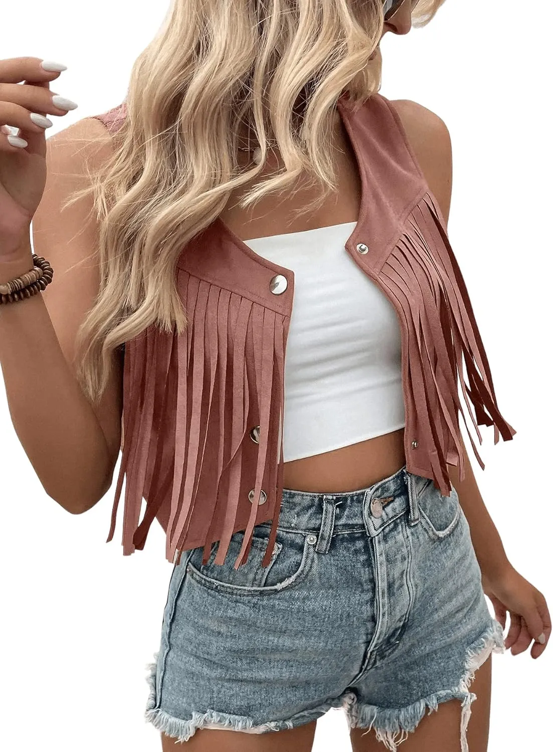 SweatyRocks Women's Suede Fringe Trim Sleeveless Crop Vest Jacket Button Front Coat
