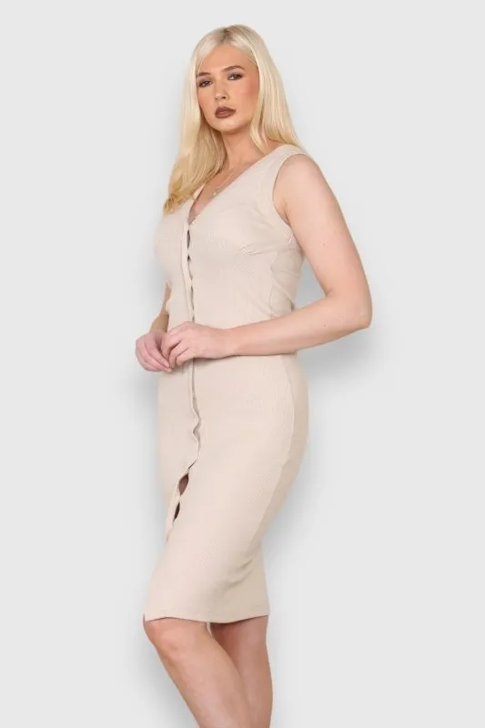 Thick rib cup detail button Midi dress