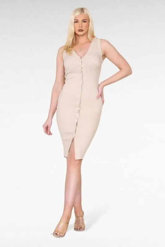 Thick rib cup detail button Midi dress