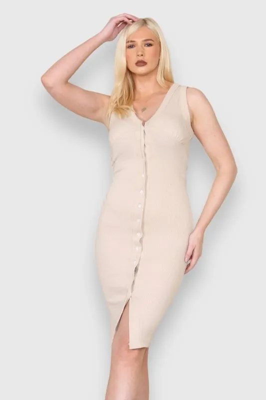 Thick rib cup detail button Midi dress