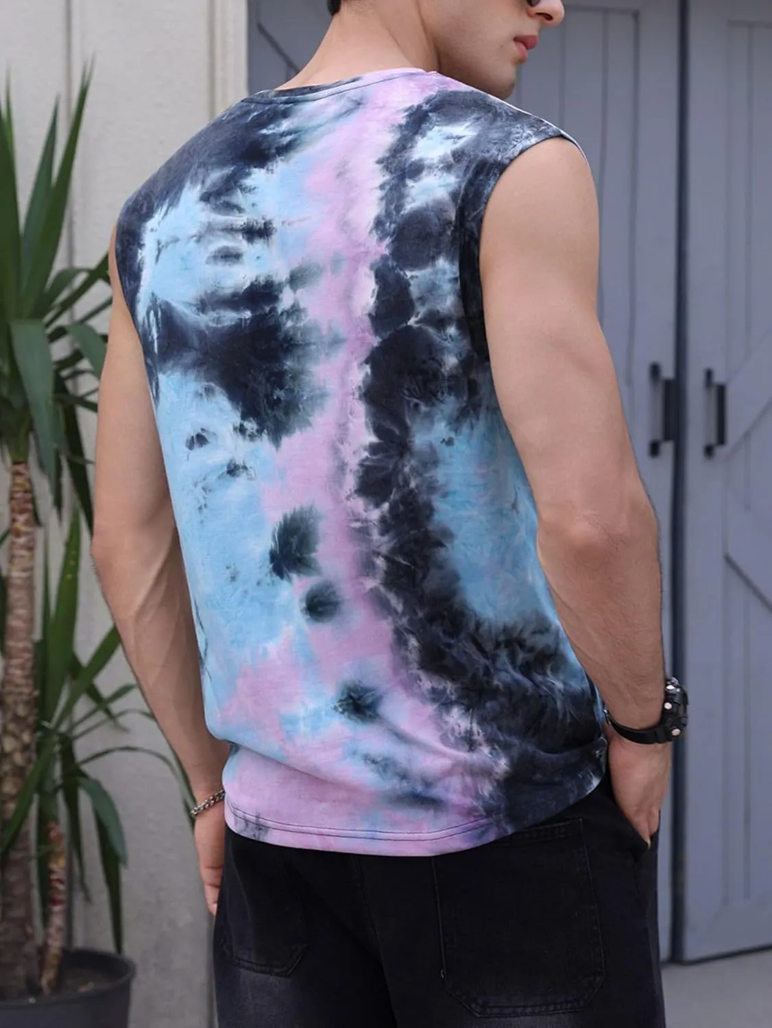 Verdusa Men's Tie Dye Round Neck Tank Top Casual Sleeveless Muscle Shirt