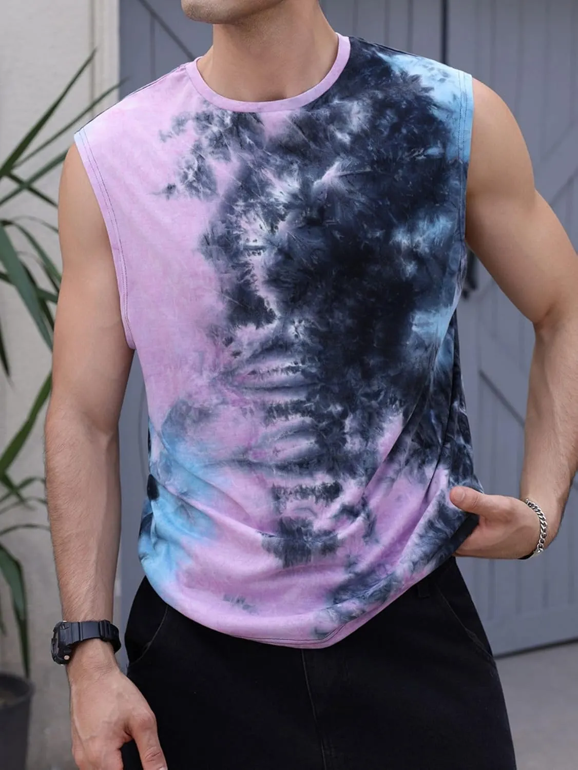 Verdusa Men's Tie Dye Round Neck Tank Top Casual Sleeveless Muscle Shirt