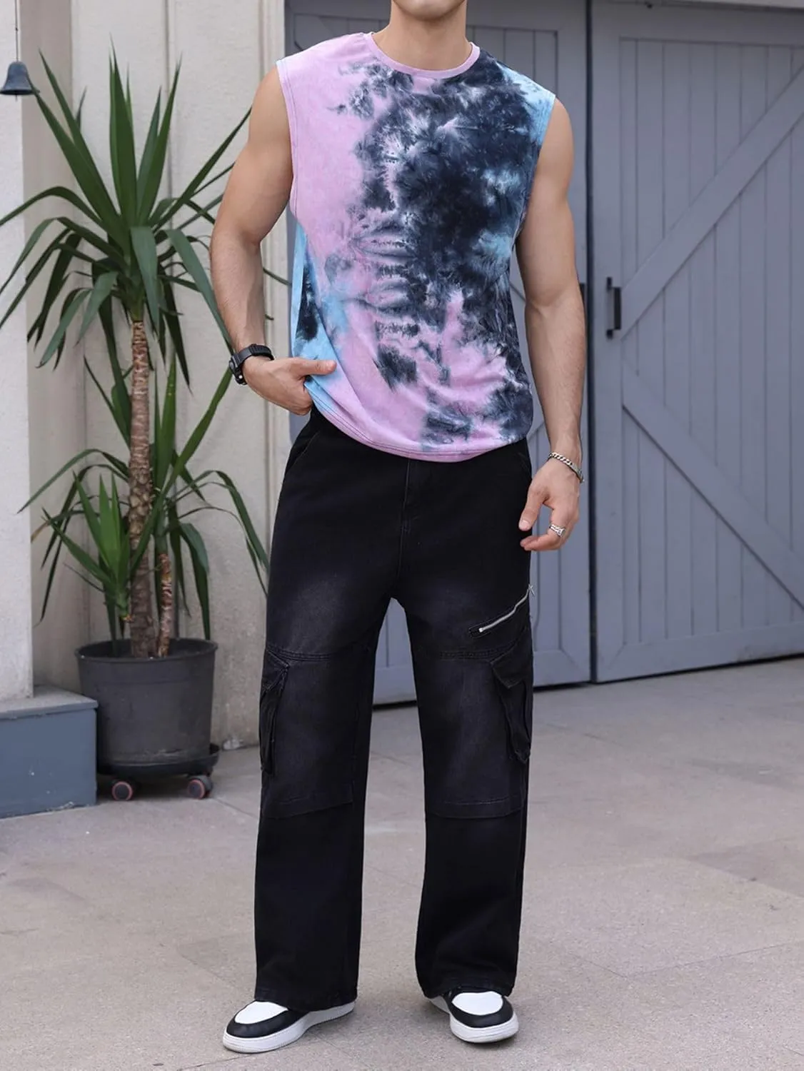 Verdusa Men's Tie Dye Round Neck Tank Top Casual Sleeveless Muscle Shirt