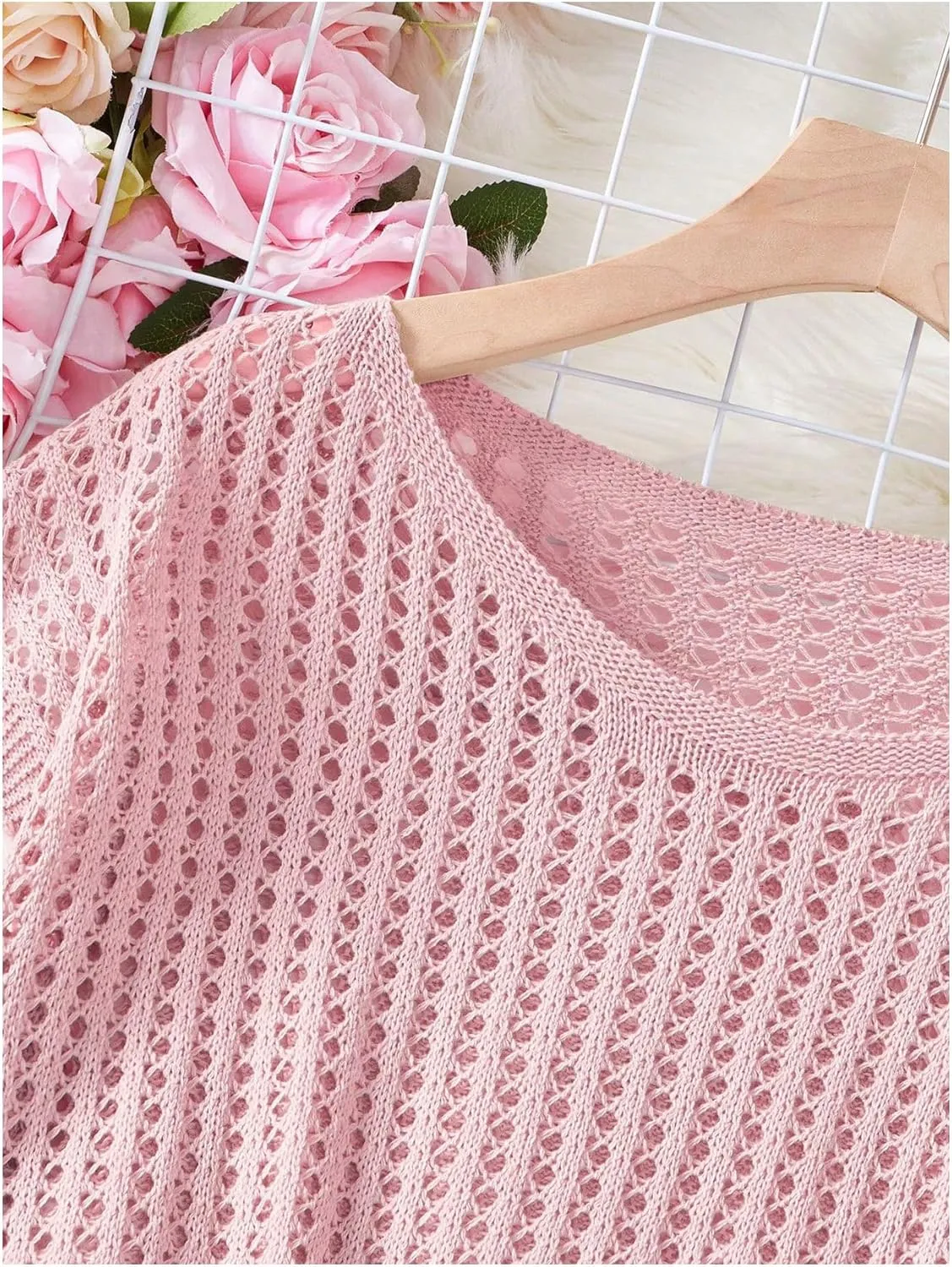 Verdusa Women's Hollow Out Sheer Knit Top Dolman Sleeve Pullover Cover Up