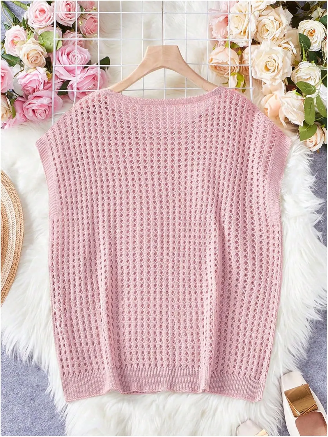 Verdusa Women's Hollow Out Sheer Knit Top Dolman Sleeve Pullover Cover Up