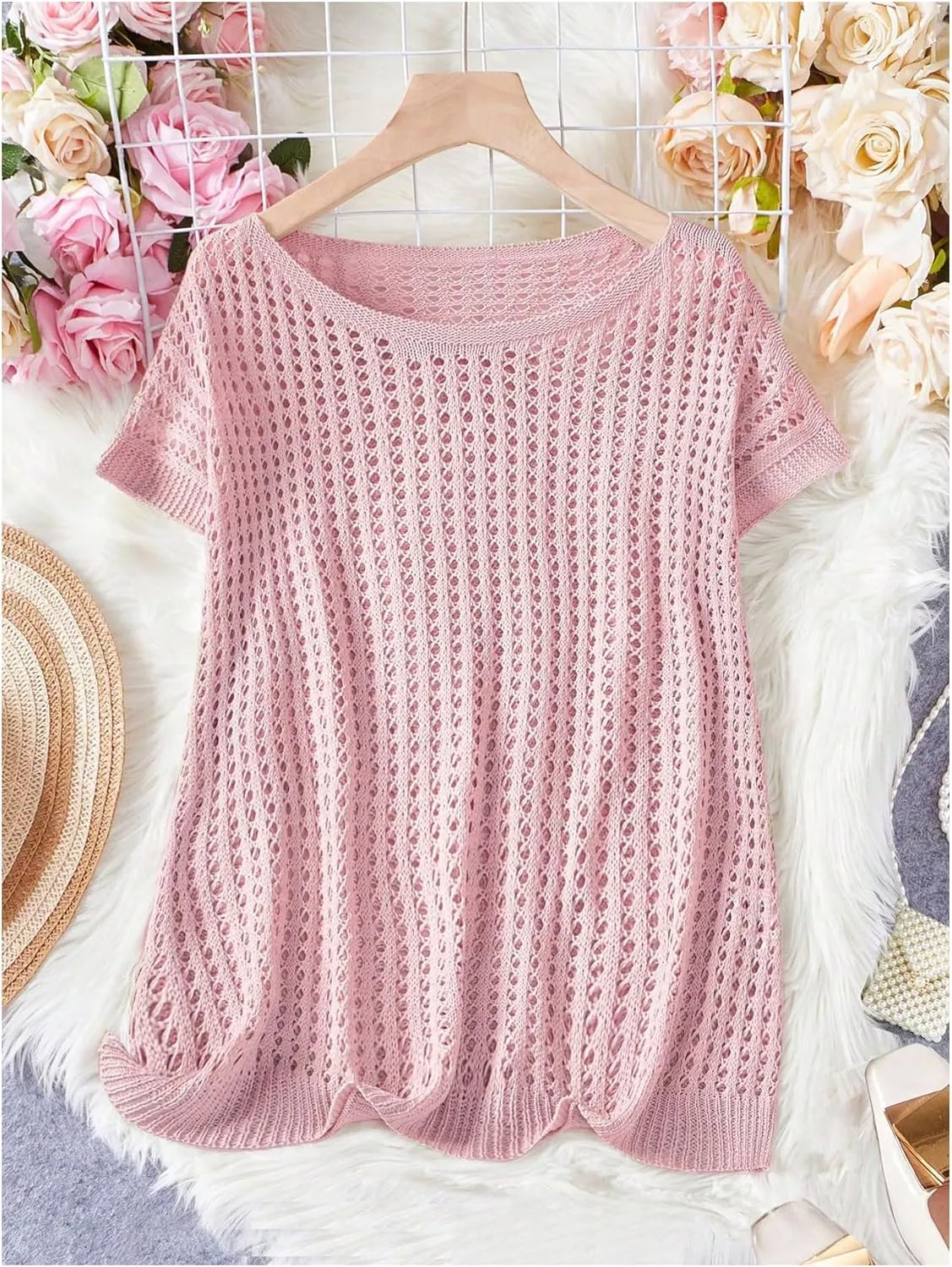 Verdusa Women's Hollow Out Sheer Knit Top Dolman Sleeve Pullover Cover Up