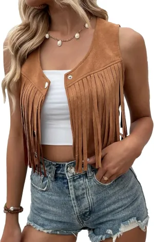 Verdusa Women's Tassel Suede Vest Sleeveless Fringe Hippie Crop Jacket