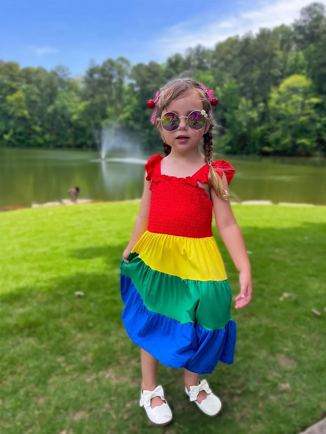 Vieille Toddler Girls Rainbow Dress Summer Ruffle Sleeveless Kids Princess Casual Dress 2-6 Years