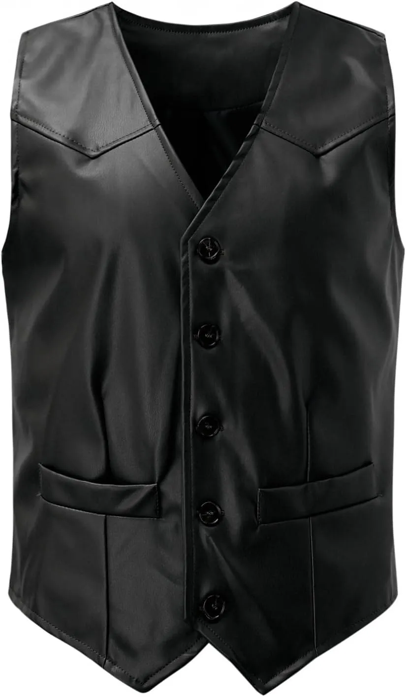 Vintage Leather Vest for Men Casual V Neck Button Down Waistcoat Slim Fit Western Cowboy Vest Sleeveless Jacket Winter