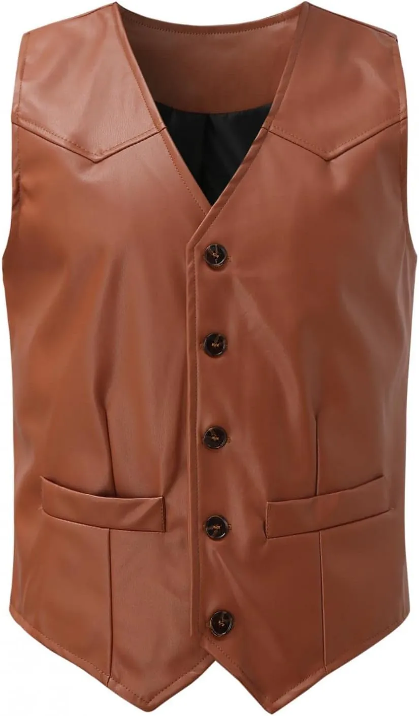 Vintage Leather Vest for Men Casual V Neck Button Down Waistcoat Slim Fit Western Cowboy Vest Sleeveless Jacket Winter