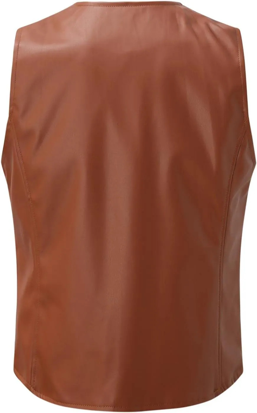 Vintage Leather Vest for Men Casual V Neck Button Down Waistcoat Slim Fit Western Cowboy Vest Sleeveless Jacket Winter