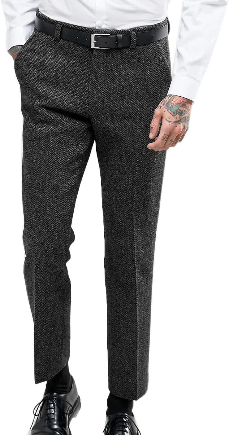 Vintage Men's Herringbone Tweed Dress Suit Pants Thick Wool Pleated Front Trousers Regular Fit