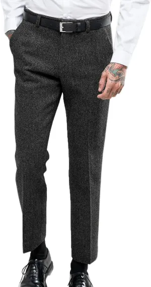 Vintage Men's Herringbone Tweed Dress Suit Pants Thick Wool Pleated Front Trousers Regular Fit
